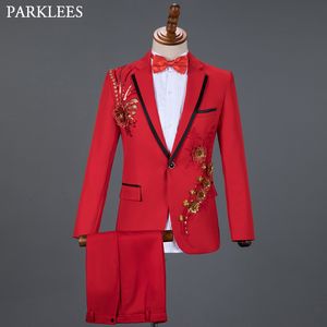 Mens Suits Blazers Red Diamond Floral For Wedding 3 Piece Blazerpantbow Tie Fashion Tuxedo Set Set Stage Costume Homme 230209