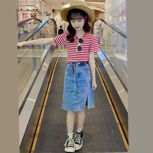 衣料品セット女の子のスカートスーツ服服のストライプTshirtデニムスカートセットセット10代の女の子の子供服2pcセット4〜14年w230210