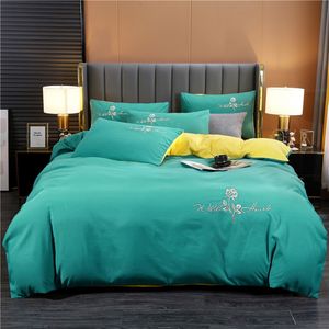 Bedding sets European and American Simple Bed Four piece Set Solid Color Embroidery Brushed Sheet Quilt Cover 230210