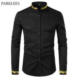 Men's Casual Shirts Black Gold Embroidery Shirt Men Spring Mens Dress Shirts Stand Collar Button Up Shirts Chemise Homme Camisa Masculina 230209