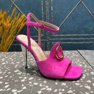 Kegelabsatz-Sandalen im europäischen Stil, runder Schnallenschuh, super dünner Metallabsatz, sexy, modische Knöchel-Armband-Damenschuhe, 35–42 mit Box, 10 cm hohe Sandale