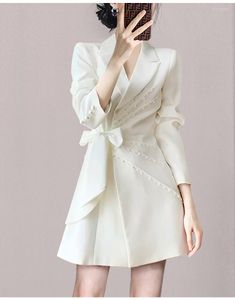 Casual Dresses Fashion Designer Women Spring Sweet Bow Pearls Beading Suit Dress Office Lady Longeepes