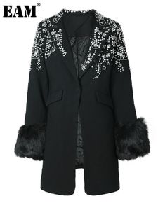 여자 정장 블레이저 eam 여자의 모피 칼라 면화가있는 블레이저 라펠 긴 슬리브 재킷 패션 가을 겨울 7B0410 230209