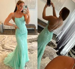 Mint Green Lace Mermaid Bridsmaid Dresess Sexy Criss Cross Backless Spaghetti Appliques Long Evening Prom Gowns Women Formal Vestidos BC15148