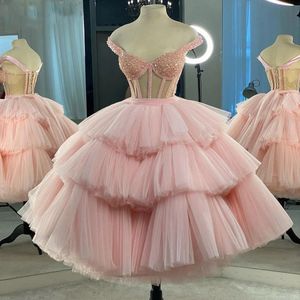 Runway Dresses Charming Pink Short Prom Dresses Off The Shoulder See Through Tutu Skirt Layers Cocktail Party Dress Lace Up Back Evening Gowns 230210
