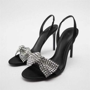 Paljetter sandaler 2022 Bow Women Traf Rhinestone Black Round Toe High-Heeled Shoes Woman Elegant Prom Stiletto Pumps Summe 0941