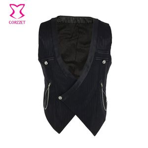 Men's Jackets Corzzet Steampunk Corset Black Striped Chain Stand Collar Sleeveless Slim Fit Mens Suit Vest Male Waistcoat Gilet Homme Jacket