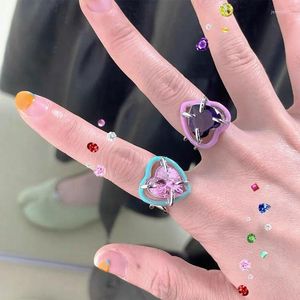 Wedding Rings Sweet Lovely Heart Crystal Rhinestone Drop Oil Metal Geometric Frame Open Adjustable Ring For Women Jewelry Trend Aesthetics