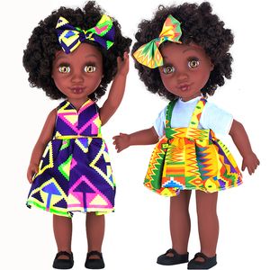 Dolls African American Baby Doll for 4 Kids 35cm 14Inches Brown Eyes Explosion Head with Ear Piercing Real Black Dolls for Girls Gift 230210