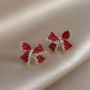 Stud Earrings Red Zircon Crystal Bow For Women Heart Shape Bowknot Christmas Earring Girl Year Festival Jewelry