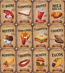 Retro Fast Food Metal Painting Cookies Fish Chips Kebab Cafe Tin Sign Classical Iron Picture Wall Decoration for Coffee Shop 20x30cm Woo