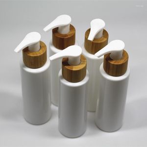 Förvaringsflaskor 4 oz bambu lotion pumpflaska 120 ml vit bärnsten plast husdjur schampo med lock 5 stycken per parti
