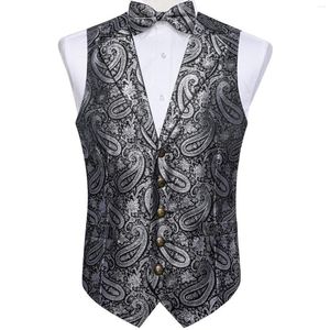 Mäns västar lyxiga grå paisley Silk Men's Vest Pocket Square Cufflinks Set Slim Fit Dress Waistcoat Wedding Business Club Shirt