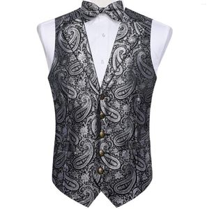 Gilet da uomo Luxury Grey Paisley Silk Gilet da uomo Pocket Square Gemelli Set Slim Fit Dress Gilet Wedding Business Club Shirt