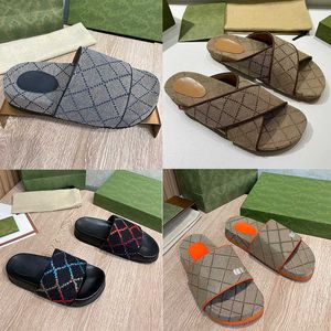 Män Kvinnor Designer Plattform Slide Canvas Sandal Läder Tjockbottnar Flip Flops Mode Sommar Tofflor Strandskor Med Box 35-44 NO298B