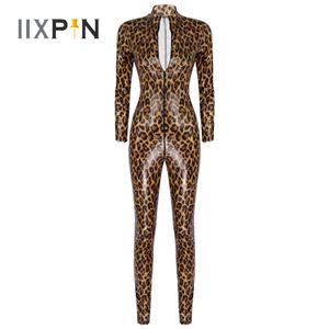Women's Jumpsuits Rompers Womens Leopard Print Bodysuit Patent Leather Rave Bar Catsuit Clubwear Stand Collar Zipper Leotard Slim Fit Fashion Jumpsuit 230210