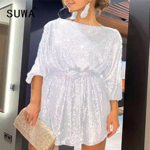 Plus size Dresses European Spring And Autumn Long Sleeve Round Neck Shining Party Fashion Casual Straight Lace Ladies Dress 230210