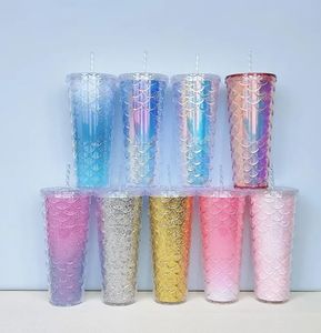 24oz Starbucks Tumblers Mugs Cups Iridescent Bling Gold Berry Mugs Studded Double Wall Cold Coffee Cup with Logo I0210