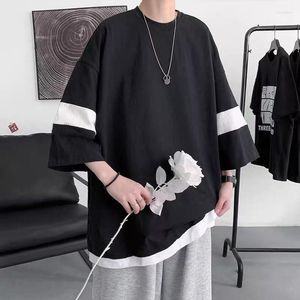 Mens T Shirts Cotton Summer Stitching Mens T-Shirt Harajuku Fashion Trend Five-Point Sleeves Solid Color Clothing Vintage Style