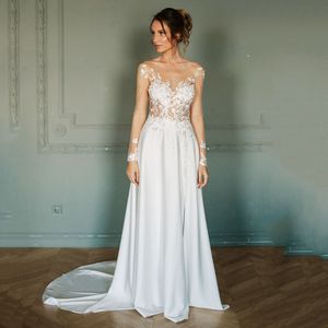Sexy Backless Boho Wedding Dress Full Sleeves A-Line Beach Illusion Bridal Gowns Lace Applique Summer Long Satin Bride Dresses Custom Made