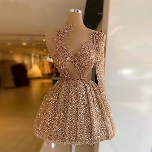 Runway Dresses Sparkle Cocktail Dresses Women V-Neck Beaded Mini Evening Party Dress Pleat One-Shoulder Long Sleeves A-Line Sexy Ball Gown 230210