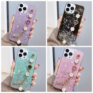 حالات قلب زهرة الموضة لشركة Samsung S22 Ultra Plus A13 A04 A14 A54 M53 M33 A23 A73 A53 A33 A03 Core A13 Bling Glitter Chian Strap Pearl Sequin Sefor