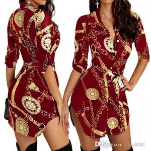 2023 Spring Fall New Casual Dresses 4XL Women Lace Up Button Down Chain Printed Lapel Neck Party Dress Sexy Bandage Skirt