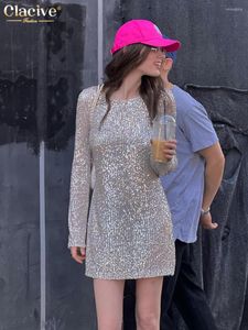 Casual Dresses Claceive Fashion Sliver paljetter Kvinnor 2023 Bodycon o-hals långärmad miniklänning Elegant Slim See Through Party