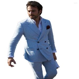 Męskie garnitury lniane tuksedos niestandardowe Man Suit podwójnie piersi Summer Blue Beach Blazers jako Groomsman