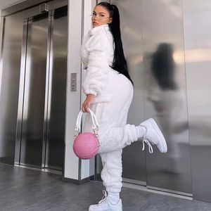 Women's Jumpsuits Rompers Fashion Sweat Suits 2 Piece Sets Women Outfits Casual Sportwear SweatshirtSweatpants White Plush Warm Lapel Zipper Cardigan 230210