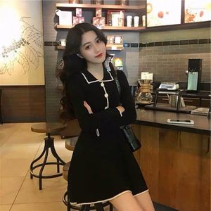 Casual Dresses Office Women Sweater Dress POLO-Collar Full Sleeves Slim Autumn Button Solid Bodycon Stripe Knitted Pullover M803