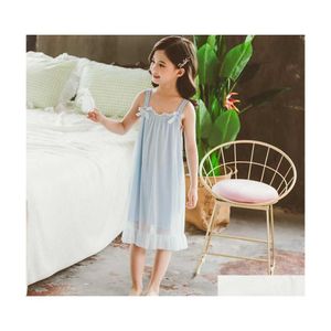 Hemkläder sommarflickor Princess Nightdress Childrens Pyjamas Dress Kids Suspender Ruffles Bekväm Loose Nightgown Cotton 210 DHFDH