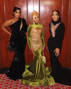 Gliterolive Green Velvet Mermaid Sukienki Prom 2023 Keading Sequin High Neck African Women Sukienka Vestido de Graduacion