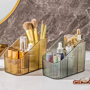 Förvaringslådor Lyxig Clear Makeup Organizer Cosmetic Desktop Box Striped Multi -fack toalettbord Borste Läppstift Pencilhållare