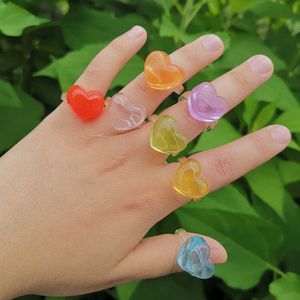 Solitaire Ring New Cute Sweet Geometric Heart Rainbow Colorful Transparent Resin Acrylic For Women Girls Summer Party Chic Jewelry Gifts Y2302
