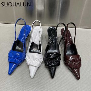 2024 New Women Sandals 브랜드 스프링 샌들 Suojialun 패션 플라인드 슬립 슬립에 우아한 슬링 백 얇은 하이 펌프 신발 T230208 969