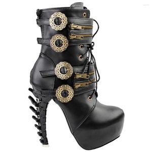 Dress Shoes LF80651 Punk Design Zipper Women's High-top Bone High Heel Platform Ankle Boots Black