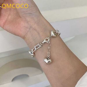Link Chain QMCOCO Silver Color U-Shape Bracelets Chain Fashion Vintage Simple Smooth LOVE Heart-Shape Bracelets For Woman Party Jewelry G230208