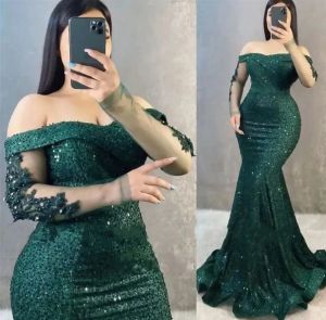 2023 Dark Green Prom Dresses Off The Shoulder Long Sleeves Lace Applique Beaded Sparkly Sequins Custom Made Evening Gown Formal Ocn Wear Vestidos Plus Size 401 401