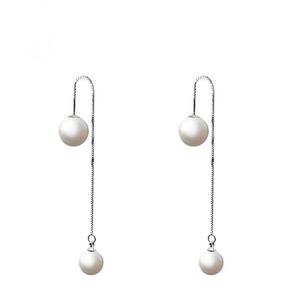 Stud Earrings Sterling Silver Pin Size Double-sided Pearl Feminine Temperament Simple Ear Thread Long Anti Allergy