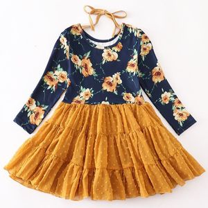 Flickor klänningar Girlymax Fall Halloween Thanksgiving Baby Girls Sunflower Pumpkin Floral Tutu kjol Twirl Dress Knee Length Barnkläder 230210