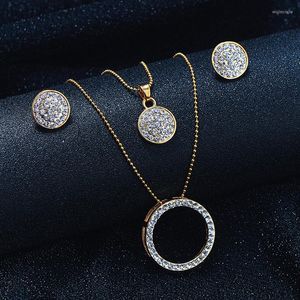 Necklace Earrings Set SHUANGR Vintage Gold Color Jewelry Austrian Crystal Classic Hollow Round 46cm Pendant