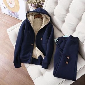 Women's Two Piece Pants Fleece lined Zipper Tracksuit Solid Warm Suits Hoodies Sweatpants Autumn Winter Pullover Sweatshirts 2 Set 230209