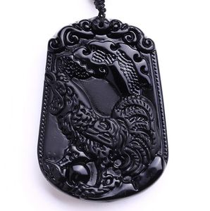 Colares pendentes naturais pretos esculpidos chineses zodíaco de frango obsidiano colar pingentes finos para mulheres e meninas