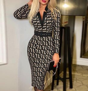 Fashion Striped Printed Bodycon Dresses Women Sexy Deep v Neck Party Dress Office Lady Autumn Long Sleeve Slim Dress