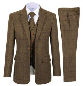 Men's Suits Brown Men Plaid Tweed For Man Three Pieces Vintage Lapel Tuxedos Groomsmen Winter Wedding (Blazer Vest Pants)