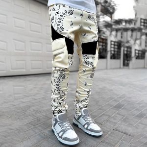 Herrbyxor män last digitalt tryck slitsträckt flera fickor mitten av dragkedja joggar streetwear