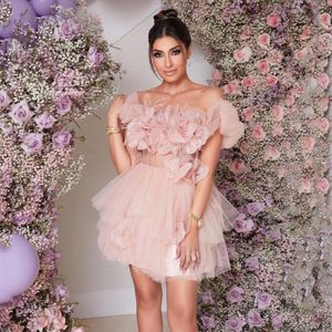 Runway Dresses Off Shoulder Tulle Ball Gown Mini Party Dresses Floral Dress With Feather Light Pink Party Dresses Women Evening Sexy Dress 230210