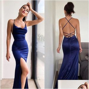 Prom Dresses 2022 Silk Like Satin Ruched Sleeveless Halter Y Backless Evening Gowns Long Bridesmaid Maid Of Honor Dress Drop Deliver Dhso6