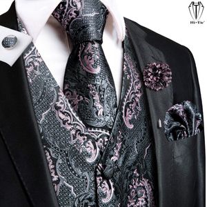 Men's Vests Hi-Tie High Quality Silk Mens Vests Pink Gray Floral Waistcoat Tie Hanky Cufflinks Brooch Set for Men Suit Wedding Office Gift 230210